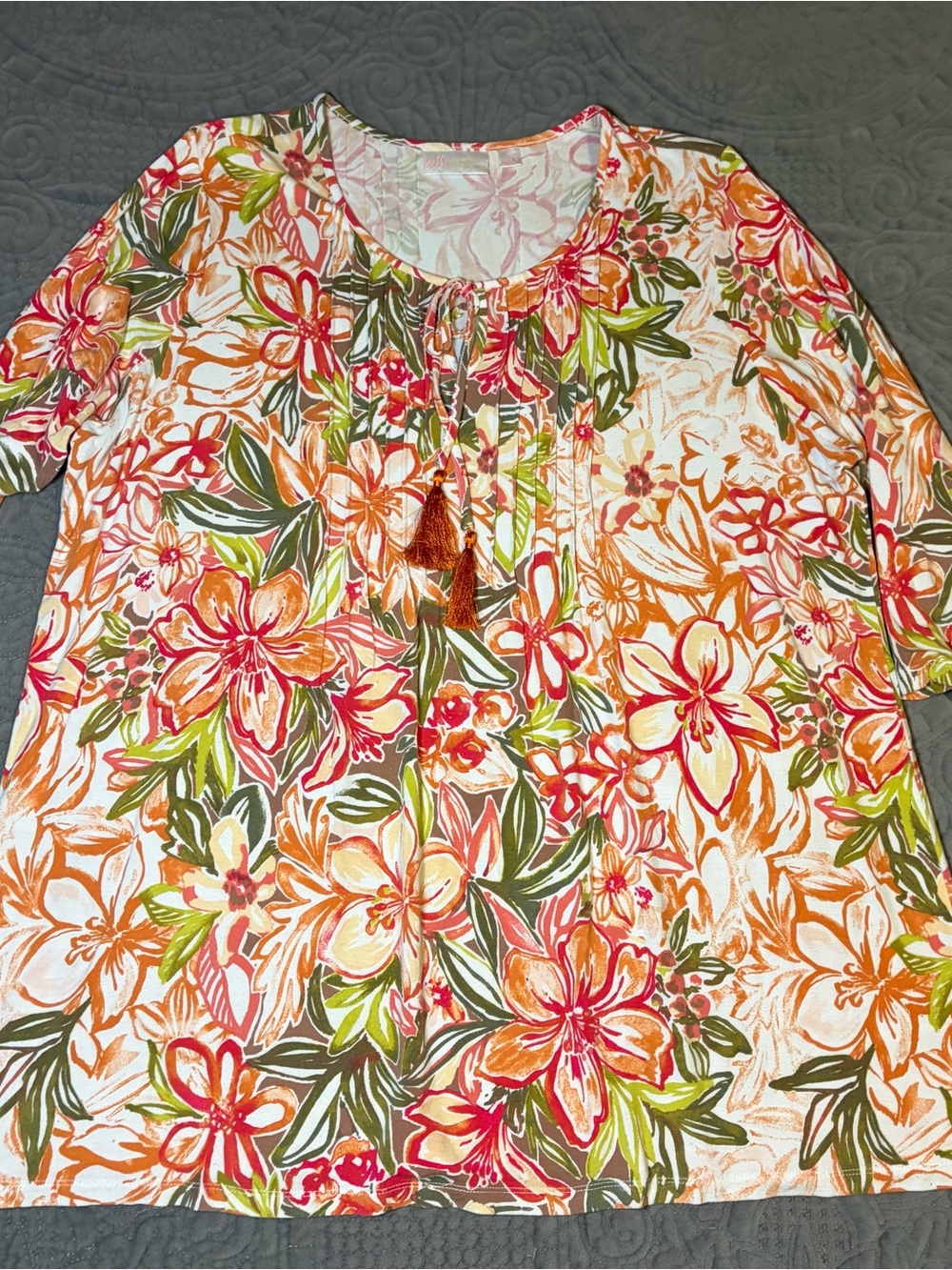 Belle by Kim Gravel Floral Tunic Top 3/4 Sleeve Tassel Tie Pintuck Boho 1X